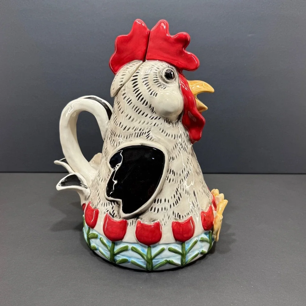 Blue Sky Heather Goldminc Rooster Teapot Ceramic Red Tulip 18363 Farmhouse Decor